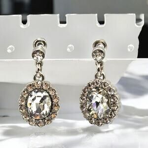 Faceted Crystal Earrings Dangle Pierced Halo Clear Rhinestones Oval Shaped